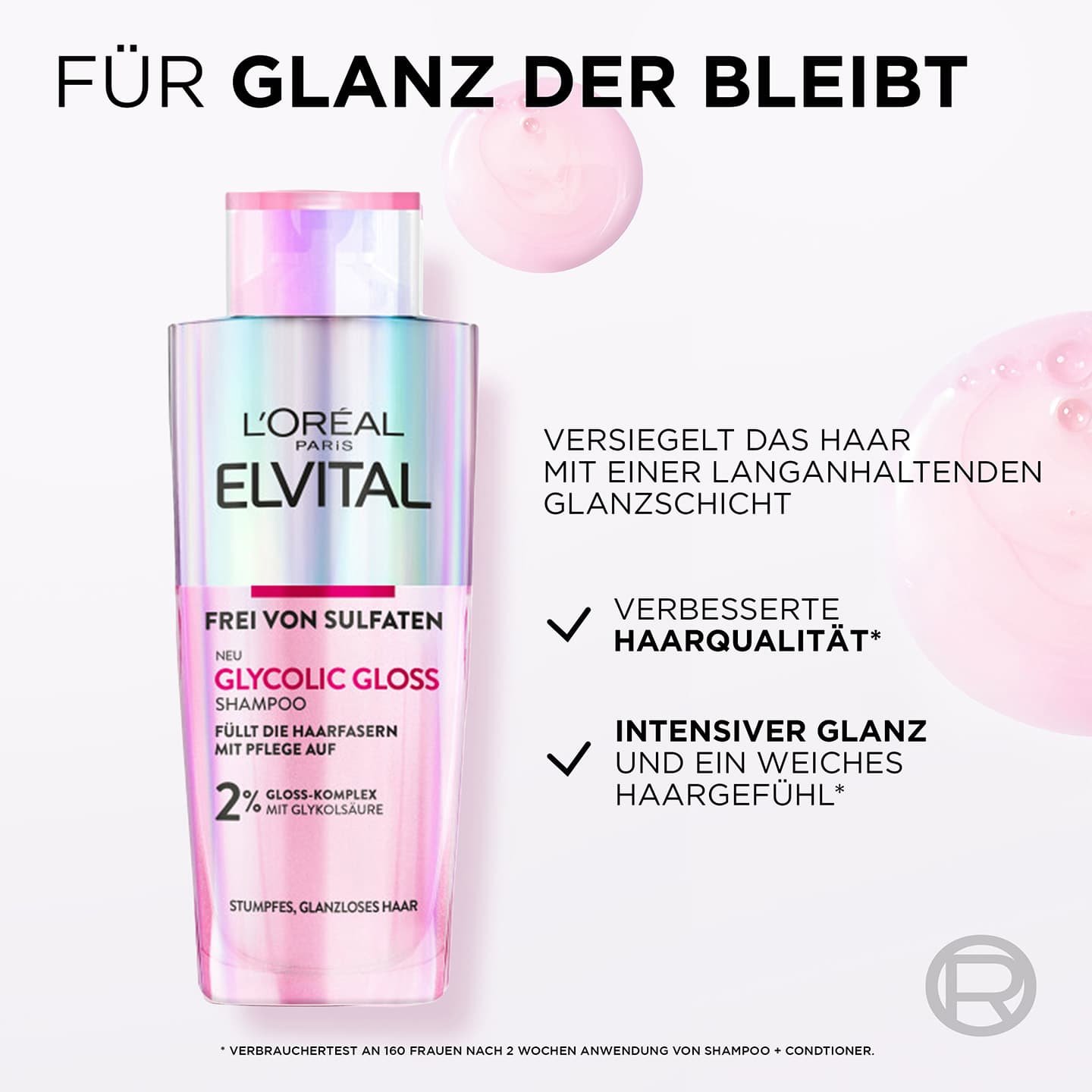 Elvital Glycolic Gloss Shampoo Produktabbildung plus positive Eigenschaften des Haar-Shampoos